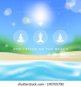 Meditating women's silhouettes over a blurred tropical landscape background vector illustration