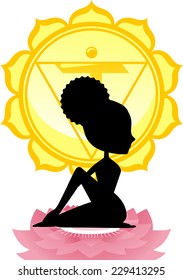 Meditating Yoga Asana on lotus with Yellow Chakra Mandala vector illustration.