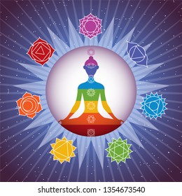 Meditating yoga girl silhouette with chakras signs in shining colorful circle on starry sky background