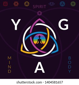 Meditating yoga girl silhouette with chakras signs and colorful sacred symbol of triquetra on dark background