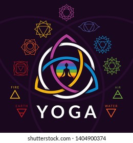 Meditating yoga girl silhouette with chakras signs and colorful sacred symbol of triquetra on dark background, vector illustration