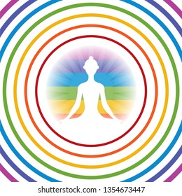 Meditating yoga girl silhouette in shining colorful circle with concetric rings