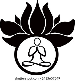 Meditating, yoga symbol in a circle below a black Lotus flower