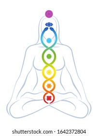 Meditating yoga woman with colored chakras and rainbow gradient Kundalini serpent, symbolic for spirituality, balance, harmony, relaxation and healing power. Vector illustration on white.
