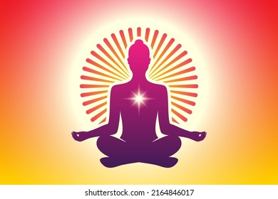 Meditating yoga woman in a lotus pose with a round ornamental sun halo on an orange sky background. Meditation, spiritual, relaxation vector background.