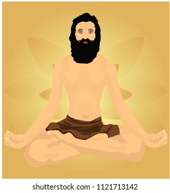 Meditating yogi man against golden lotus petal gradient background horizon Vector illustration