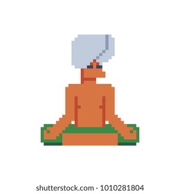 Meditating yogi man. Pixel art. Indian hindu character. Yoga lotus pose. Sticker design. Isolated vector illustration.