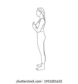 Meditating yogi woman. Hatha yoga prayer pose. Engraved vector illustration in white background