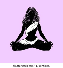 Meditating yogi woman in lotus pose, space with stars, esoteric image symbol. Vector illustration