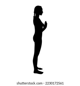 Meditating yogi woman silhouette. Hatha yoga prayer pose. Vector illustration isolated in white background