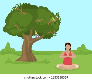 Meditating young woman sitting in lotus yoga position on nature vector illustration. Girl practices yoga outdoor in open air. Healthy lifestyle, wellness, sport and activity. Tree, parrot birds.