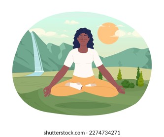 Meditation 2D vector isolated spot illustration. Mindfulness practice. Woman doing yoga in peaceful valley flat character on cartoon background. Colorful editable scene for mobile, website, magazine