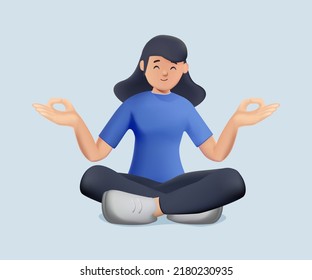 Ilustración 3D de meditación. Mujer tranquila feliz meditando. Zen, yoga, meditación, relajación, recreación, estilo de vida saludable. Armonía y vida equilibrada. Psicología, autocuidado. personas de diseño de caracteres vectoriales 3D