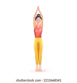 Meditation 3D illustration. Happy calm Woman meditating. Zen, yoga, meditation, relax, recreation, healthy lifestyle. Harmony and balance life. Psychology, selfcare. 3D vector