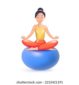 Meditation 3D illustration. Happy calm Woman meditating. Zen, yoga, meditation, relax, recreation, healthy lifestyle. Harmony and balance life. Psychology, selfcare. 3D vector