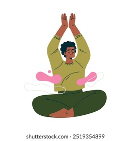 Meditation with African American Man Character Sitting in Lotus Pose Vector Illustration