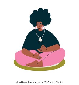 Meditation with African American Woman Character Sitting in Lotus Pose Vector Illustration