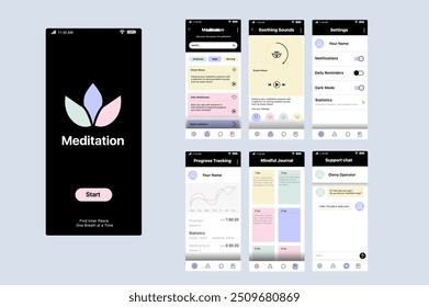 Meditation app concept in flat design. This image shows the interface of a meditation app that includes features such as soothing sounds, progress tracking, a mindfulness journal. Vector Illustration.