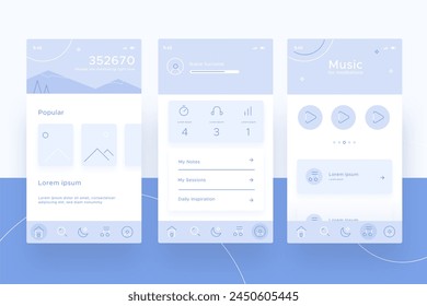 App de meditación pantallas diseño de Vector en eps 10