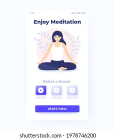 Meditation App, Ui Design With Illustration Of Meditating Woman