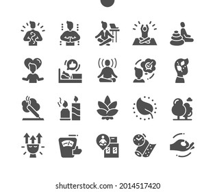 Meditation. Aromatherapy and harmony. Connecting with nature. Spiritual practices, relaxation and yoga. Vector Solid Icons. Simple Pictogram