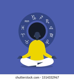 Meditation. Astrology. Zodiac signs. Flat editable vector illustration, clip art. Young black female character sitting in lotus position. Harmony