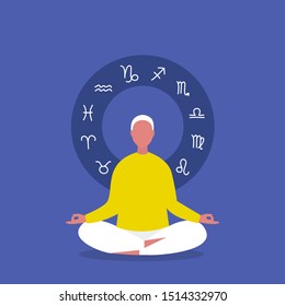 Meditation. Astrology. Zodiac signs. Flat editable vector illustration, clip art. Young male character sitting in lotus position. Harmony