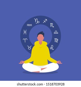 Meditation. Astrology. Zodiac signs. Flat editable vector illustration, clip art. Young male character sitting in lotus position. Harmony