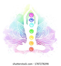 Meditation, aura and chakras watercolor vector illustration