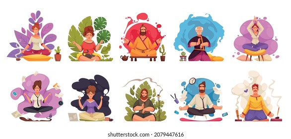 Meditation balance harmony zen yoga practice relaxation lotus pose outdoor aromatherapy 8 cartoon compositions isolated vector illustration