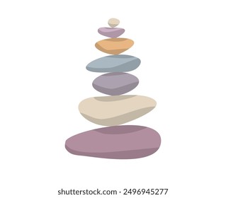 Meditation balance stone pyramid. Stacked pebbles pastel colors object isolated white background. Vector illustration