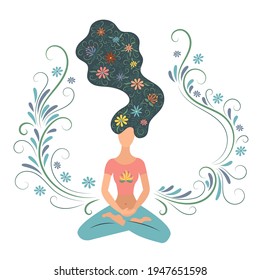 Meditation. A beautiful young woman is sitting in the lotus position and meditating. Hand drawn. Vector illustration. The isolated image on a white background.