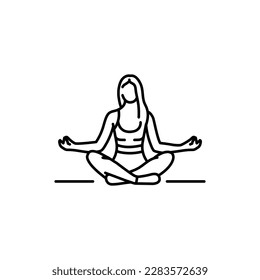 Icono de línea negra de meditación. Una mujer está sentada en una pose de yoga. Pictograma para página web, aplicación móvil, promoción.