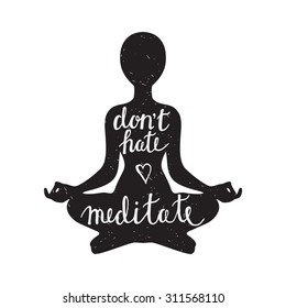 Meditation black silhouette with peaceful statement on white background