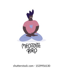 Meditation bro flat vector illustration. Concentration and relaxation isolated design element. Smiling dark skin man sitting in lotus pose cartoon character. Yoga practicing composition 