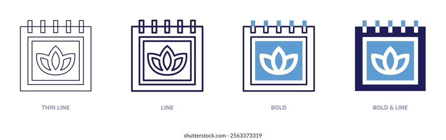 Meditation calendar icon in 4 different styles. Thin Line, Line, Bold, and Bold Line. Duotone style. Editable stroke.