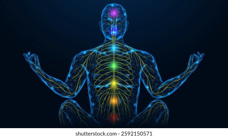 Meditation, calmness of the nervous system. A man sitting in the lotus position. Polygonal design of interconnected lines and dots. Blue background.