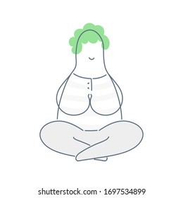 Meditation cartoon man, health balance, clean mind and emotions, yoga lotus practices meditation. Flat line vector icon on white background.