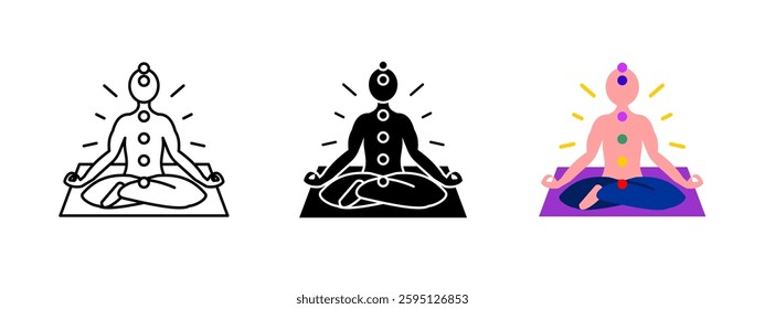 Meditation chakra icon. Person sitting in a meditative pose with aligned energy centers. Symbol of balance, mindfulness and inner healing. Spiritual and wellness vector illustration.