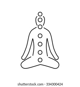 Meditation and chakras black linear icon on white background | flat design alternative healing illustration and infographic