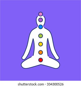 Meditation and chakras white linear icon on purple background | flat design alternative healing illustration and infographic