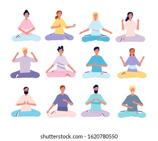 Meditation characters. Male and female person yoga poses sitting in pilates class vector flat persons