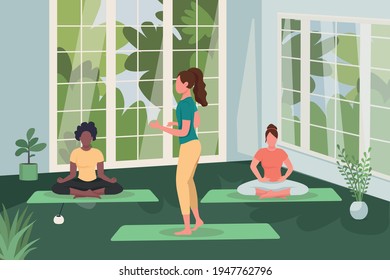 Meditation class flat color vector illustration. Practice mindfulness and spirituality. Relaxation technique. Woman in yoga class 2D cartoon characters with studio interior with windows on background