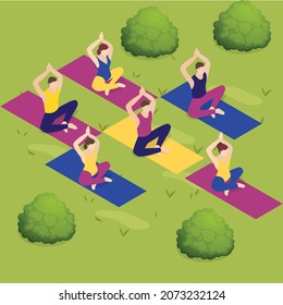 Meditation class outdoor 3d isometric vector illustration concept for banner, website, landing page, ads, flyer template