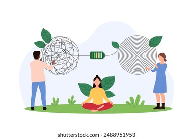 Meditation, um den Verstand zu klären, psychische Gesundheit. Winzige Menschen, die Knoten des Chaos und der Reihenfolge der Gedanken mit Verbindung durch Batterie halten, Patient sitzt in Lotuspose, um Cartoon-Vektorillustration zu meditieren