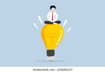 Meditation to clear your distracted mind to get creative idea at work or business project. Peaceful mind bring success into career concept. Businessman meditating on big enlightened light bulb idea.