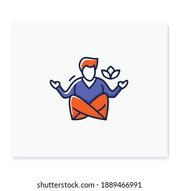 Meditation color icon. Man sitting in lotus pose linear pictogram. Yoga exercise and relaxation practice in mind focus, attention management concept. Isolated vector illustration