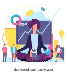 Meditation concept. Businesswoman in emotional mindfulness meditating of work process vector