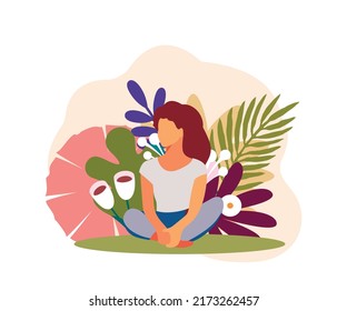 meditation concept, health benefits for the body, mind and emotions, a girl sitting in a lotus position against a background of plants and clouds, the thought process