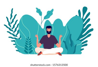 Meditation concept. Man healed, energy balance and find harmony life. Male zen, health and wellbeing. Focus on business idea vector illustration